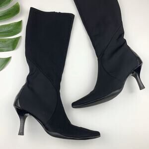 Nine West Knee High Black Boots Heels Scuba Fabric Pointed Toe Women's 8